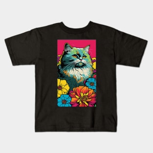 Persian Cat Vibrant Tropical Flower Tall Retro Vintage Digital Pop Art Portrait 2 Kids T-Shirt